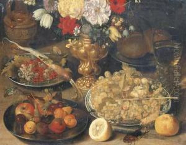 A Vase Of Flowers, Silver 
Platters With Fruit And Rolls, Grapes Ina Delftware Bowl, A Roemer Of 
Wine, A Ewer, A Beetle And Abutterfly, Half A Lemon And A Peach On A 
Table Oil Painting by Peter Paul Binoit