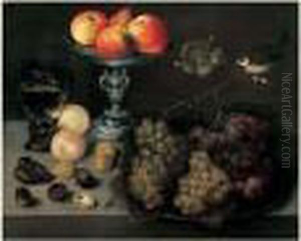 Nature Morte Au Plat De Raisins, Verre De Vin, Pommes Et Poires Dans Une Coupe En Argent Oil Painting by Peter Paul Binoit