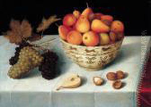 A Still Life Of Apples, Pears 
And Walnuts In A Porcelain Bowl Together With A Bunch Of Grapes, Walnuts
 And Half A Pear Resting On A Table Oil Painting by Peter Paul Binoit