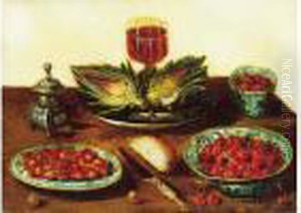 Nature Morte Aux Plats De Fraises, Cerises Et Artichauts Disposes Sur Un Entablement. Oil Painting by Peter Paul Binoit