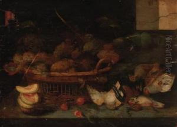 A Basket Of Grapes, With Other Fruit And Dead Birds On Aledge Oil Painting by Peter Paul Binoit