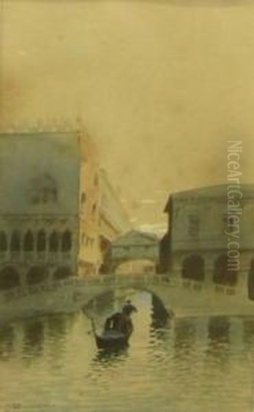 Venetian Canal Scene With Gondola Oil Painting by H. Biondetti