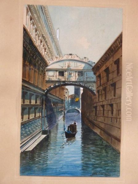 Kanal In Venedig Mit Der Seufzerbrucke
Und Einem Gondoliere. Oil Painting by H. Biondetti