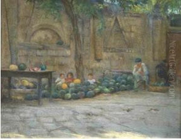 Venditore Di Angurie In Un Cortile Oil Painting by Nicola Biondi