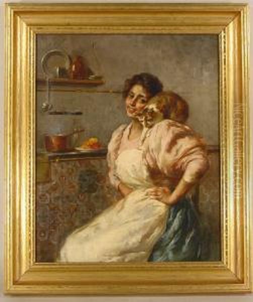 Woman Inkitchen With Cat On Shoulder Oil Painting by Nicola Biondi