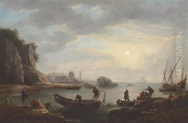 Fishing Boats Off A French Harbor At Sunset Oil Painting by Thomas Birch