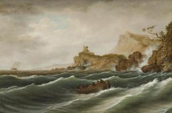 The Rescue Off A Rocky Coast In Turbulent Waters Oil Painting by Thomas Birch