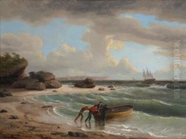 ''rough Seas Off Headland'' Oil Painting by Thomas Birch