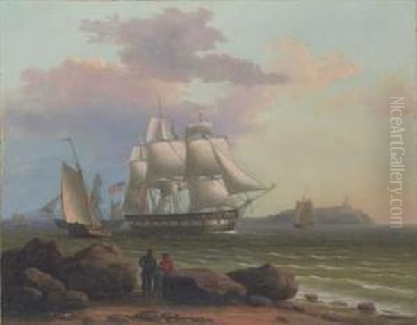 An American Merchantman Backing Her Sails As She Heaves-to Off Arocky Shore Oil Painting by Thomas Birch