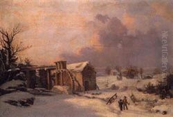 Figures By A Mill In A Winter Landscape Oil Painting by Thomas Birch