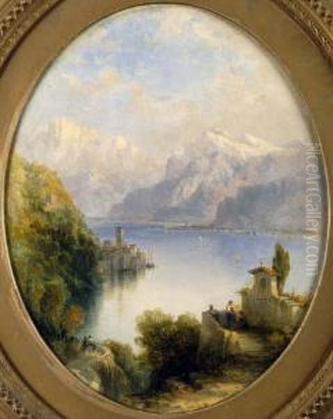 Oval Continental Mountainous Lake Scene With Buildings And Figures. Oil Painting by Foster Birkett