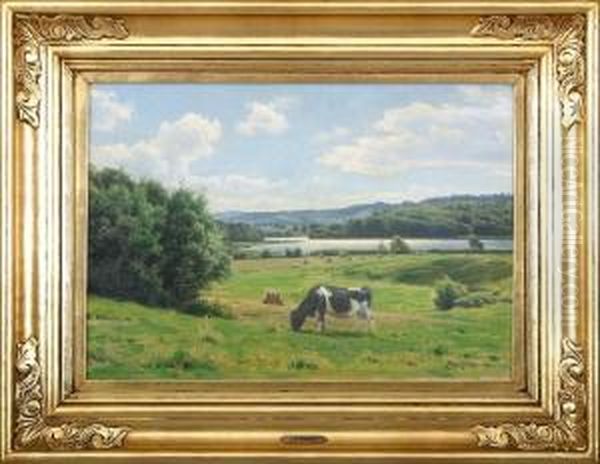 Landscape With Cow And Landscape With Haystacks Oil Painting by Axel Birkhammer