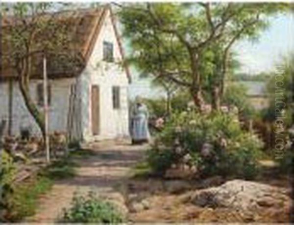 Farmyard With Roses, Signed, Oil On Canvas, 33.5 X 42.5 Cm.; 13 1/4 X 16 3/4 In Oil Painting by Axel Birkhammer