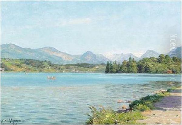 A Swiss Lake, Signed And Dated 1921, Oil On Canvas, 34 X 48 Cm.; 13 1/2 X 19 In Oil Painting by Axel Birkhammer