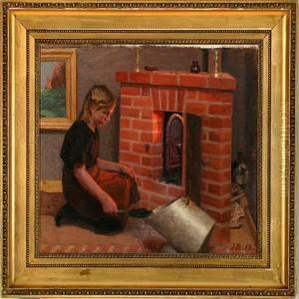 A Girl Fires Up The Fireplace Oil Painting by Jens Birkholm