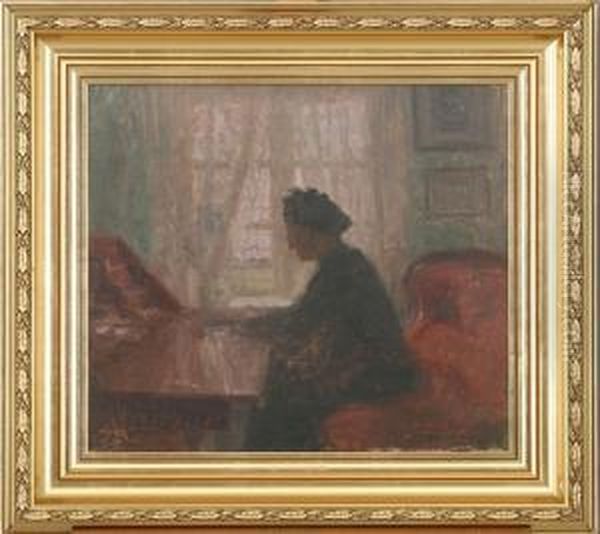 A Reading Woman By The Secretaire Oil Painting by Jens Birkholm