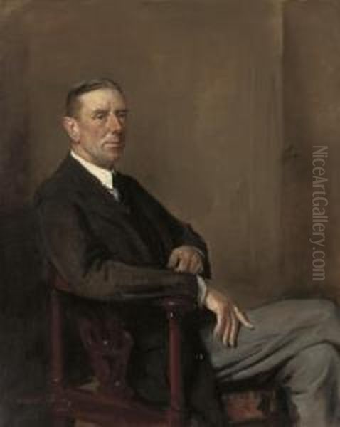 Portrait Of A Gentleman, Seated Three-quarter-length, In A Black Coat And Grey Trousers Oil Painting by Oswald Hornby J. Birley