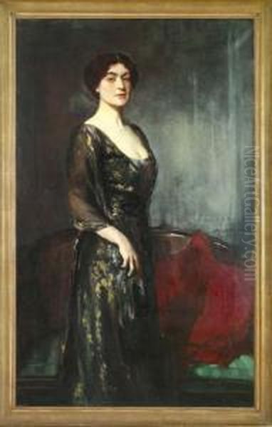 Portrait Of A Dark-haired European Mistress Wearing A Black Dress Oil Painting by Oswald Hornby J. Birley