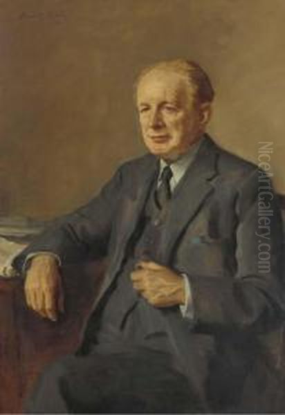 Portrait Of Sir Geoffrey Ellis, Bt., Seated Half-length, In A Blacksuit, At His Desk Oil Painting by Oswald Hornby J. Birley