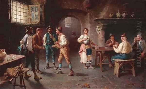 A Lively Discussion Oil Painting by Francesco Bergamini