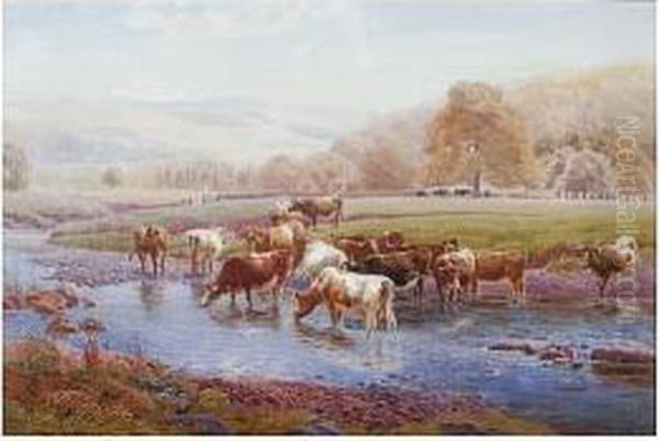 Cattle Watering At A Stream Oil Painting by Henry Birtles