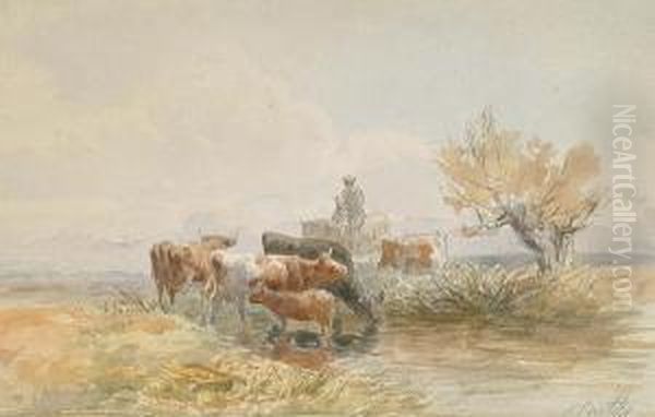 Cattle Watering Oil Painting by Henry Birtles