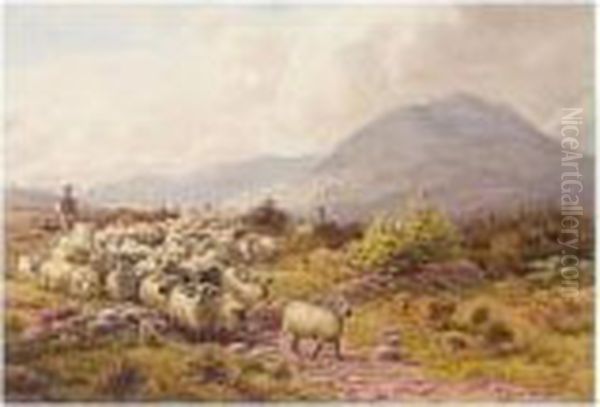 Shepherds Driving Sheep On A Path In The Hills Oil Painting by Henry Birtles