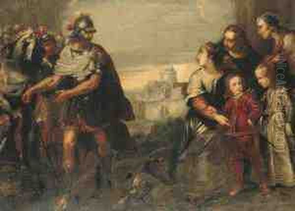 Volumnia With Her Sons Before Coriolanus, The Castel Sant'angelobeyond Oil Painting by Bartolomeo Biscaino