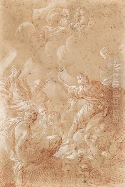 The Madonna And Child Appearing To Female Saints Seated On Cloudswith Putti Oil Painting by Bartolomeo Biscaino