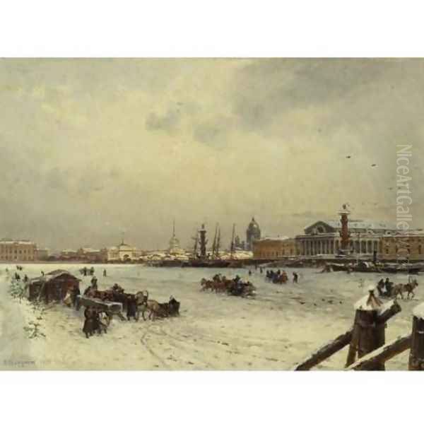 View of St. Petersburg in winter, with the cuppola of St. Isaac's Cathedral in the distance 1878 Oil Painting by Aleksandr Karlovich Beggrov