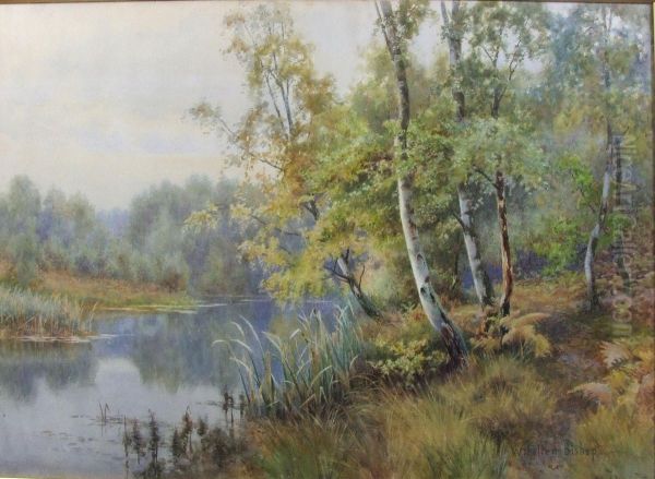 River Landscape With Birch Trees To Foreground Oil Painting by Walter Follen Bishop