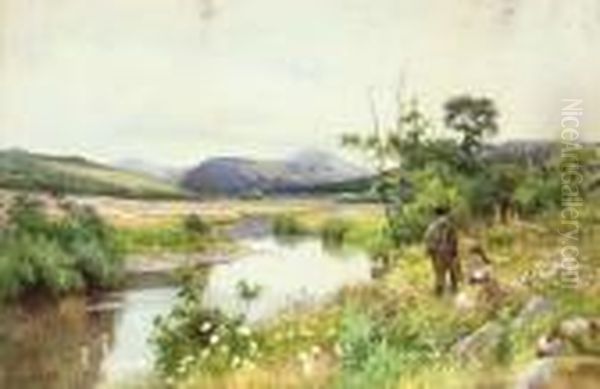 Children Playing By A Stream; And Two Children Fishing By Astream Oil Painting by Walter Follen Bishop