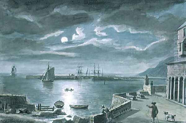 The Harbour and the Cobb, Lyme Regis, Dorset, by Moonlight Oil Painting by Copplestone Warre Bamfylde