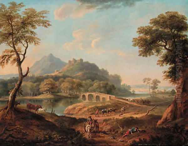 A wooded River Landscape, with figures by a bridge beneath a castle, a town beyond Oil Painting by Copplestone Warre Bamfylde