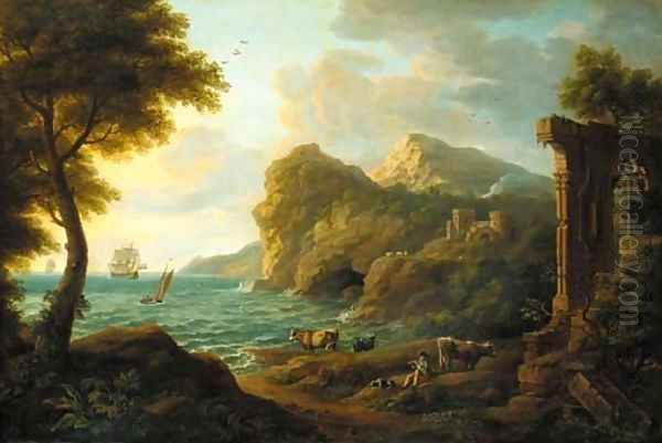 A drover with cattle in a classical coastal landscape Oil Painting by Copplestone Warre Bamfylde