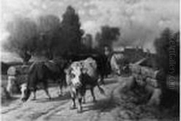 Troupeau De Vaches Traversant Un
 Pont Huile Sur Toile Signee Et Situee A Paris, Et Datee 1879 En Bas A 
Droite.65 X 101 Cm Oil Painting by Henry Collins Bispham