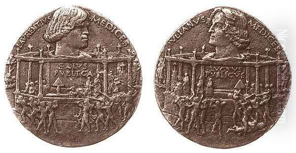 Medal of the Pazzi cospiracy, obverse: Lorenzo, reverse: Giuliano Oil Painting by Bertoldo Di Giovanni