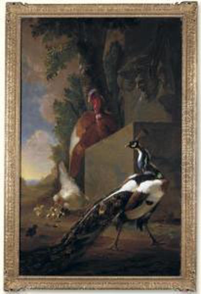 A Turkey, Peacock, A Chicken With His Chicks Beside A Classical Fountain In A Landscape Oil Painting by Abraham Bisschop