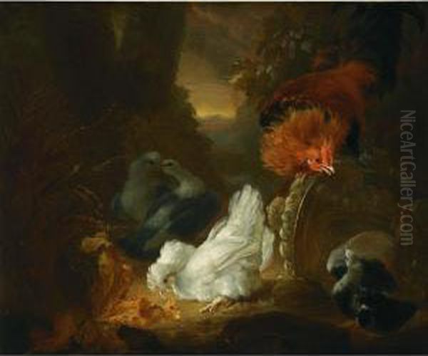 A Hen, A Cockerel And Pigeons In A Wooded Landscape Oil Painting by Abraham Bisschop