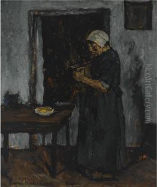 A Peasant Woman Cutting Bread Oil Painting by Suze Robertson