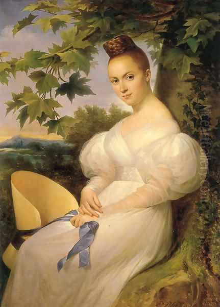 Portrait of a lady, seated in a landscape, in a white dress holding a straw hat 1830 Oil Painting by Merry Joseph Blondel