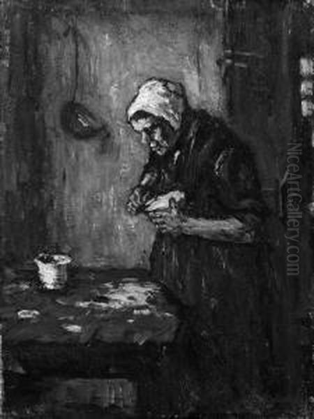 An Old Woman Peeling Potatoes Oil Painting by Suze Robertson