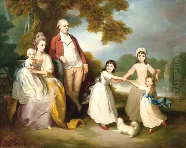 A gentleman and lady with their children in a landscape Oil Painting by Thomas Beach