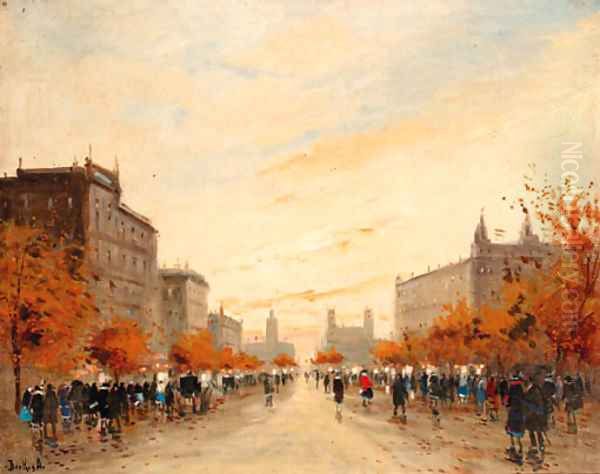 A busy street Oil Painting by Antal Berkes