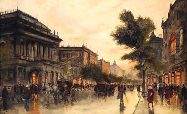 A Busy Street In Budapest Oil Painting by Antal Berkes