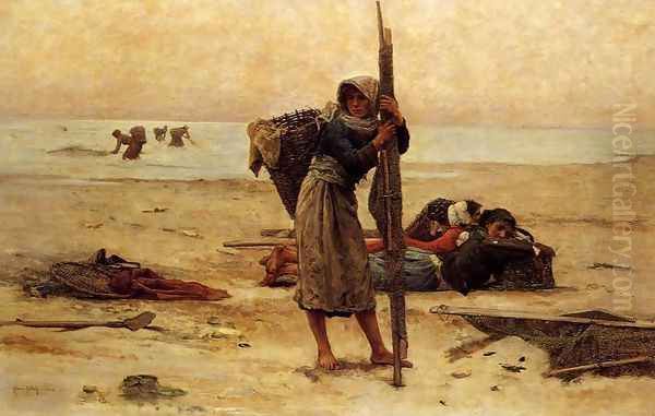 Oyster Catching, 1884 Oil Painting by Pierre Celestin Billet