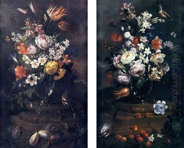 Nature morte aux bouquet de fleurs, cerises et oiseau and Nature morte aux bouquet de fleurs, quetsches et un geai Oil Painting by Bartolommeo Bimbi