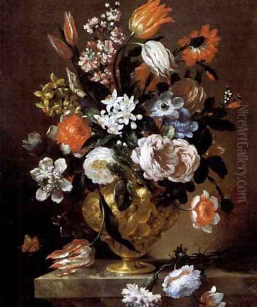 Fiori in vaso di metallo 1690-99 Oil Painting by Bartolommeo Bimbi