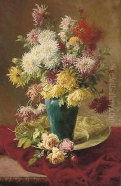 Chrysanthemums And Roses In A Vase On A Salver Oil Painting by Henri Biva