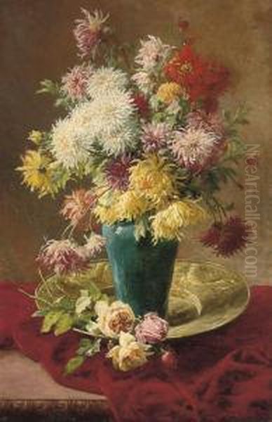 Chrysanthemums And Roses In A Vase On A Salva Oil Painting by Henri Biva